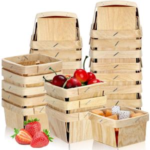 Hoolerry 25 Pieces 1/2 Pint Wooden Gift Baskets 3 x 3 x 2.2 Inch Square Vented Wood Boxes Mini Berry Basket Bulk for Fruit Picking Arts Crafts and Party Decor Wedding Gift