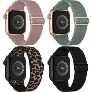 4 Pack Stretchy Solo Loop Compatible with Apple Watch Bands 38mm 40mm 41mm 42mm 44mm 45mm 46mm 49mm Women Men, Sport Nylon Elastic Straps Wristbands for iWatch Series 11 10 9 8 7 6 5 4 11 Ultra/SE 3 2 (Black/Cactus/Leopard/Nude Pink)