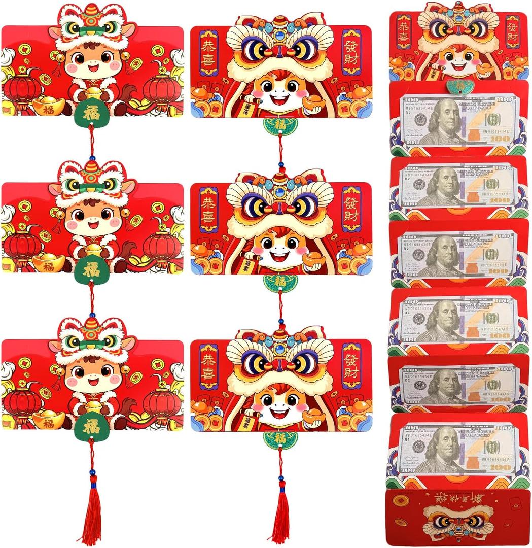 6 Pcs Cute Cartoon Horse Chinese Red Envelopes, Lunar New Year 2026 Lucky Money Envelope Reds Pocket Hong Bao Gift for Spring Festival Birthday Wedding Party, 6 Card Slots