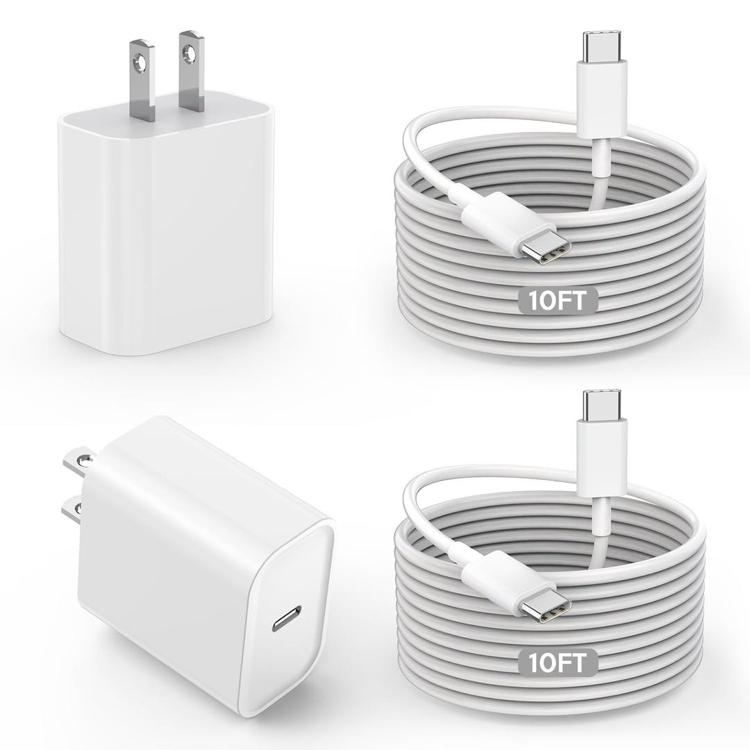iPhone 17 Charger Fast Charging[Apple MFi Certified],Apple Charge 2Pack 20W PD USB C Charger Fast Charging Block with 10 FT Extra Long 60W USB C-C Cable for iPhone 17 Pro Max/16/15,iPad Pro/Air/Mini (WHITE)