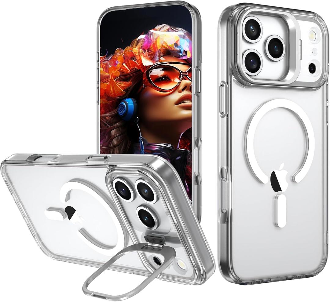 IDweel for iPhone 17 Pro Max Case with Built-in Camera Stash Stand, Compatible with MagSafe, Slim Fit & Lightweight, Magnetic Hard Back Soft Edge Anti-Yellow Sturdy Flexible Shockproof Cover,Clear