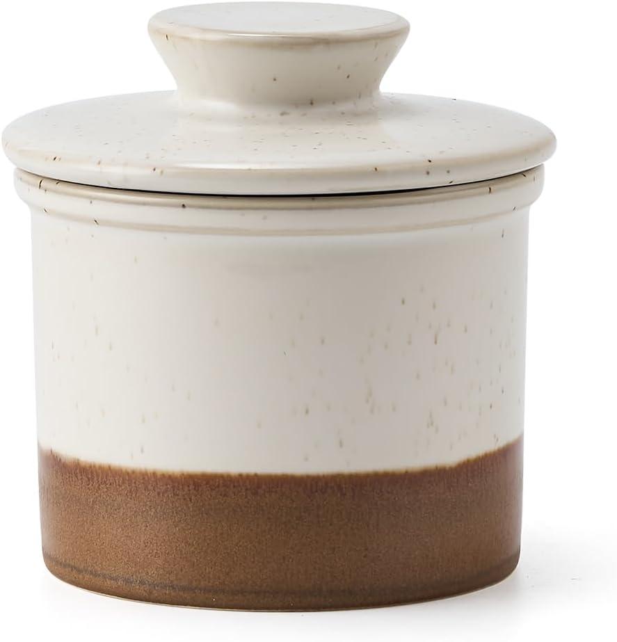 XELA Ceramic Butter Crock, The Original Reactive Two-Colour Glaze, Butter Dish With Water Line for Spreadable Fresh Butter - Latte