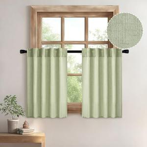 MIULEE Sage Green Kitchen Curtains 30 Inch Length 2 Panels, Soft Thick Linen Textured Semi Sheer Light Filtering Short Cafe Tier Curtains for Small Half Window Bathroom Laundry Back Tab Rod Pocket