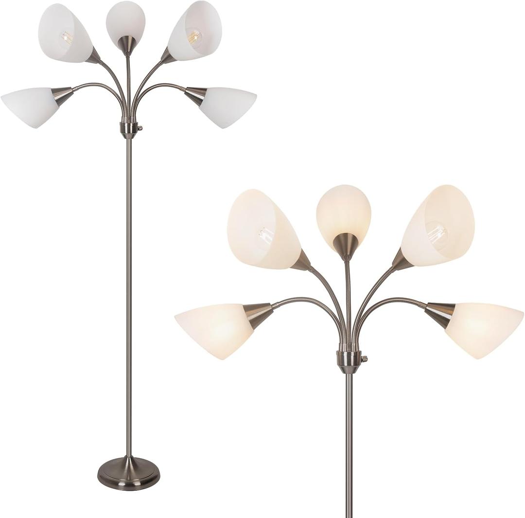HonoDing Medusa Floor Lamps Standing Lamps 5 Heads Adjustable Reading Light Large Shade Use E26 A19 Bulb Floor Lamps for Living Room Bedroom (Satin Nickel)