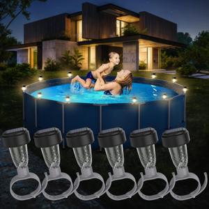 Solar Pool Lights - 6 Pack, Pool Light for Framed Above Ground Pools, Outdoor Swimming Pool Fence Decoration Accessories, Waterproof LED Pool Solar Lights, Pool Enclosure Lighting Decor