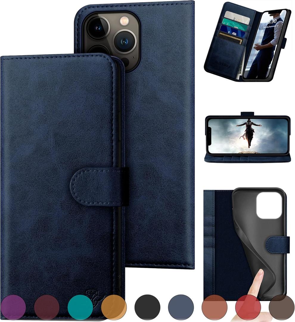 DuckSky for iPhone 15 Pro 6.1" Genuine Leather Wallet case RFID Blocking4 Credit Card HolderReal Leather Flip Folio Book Phone case Protective Cover Women Men for Apple 15 Pro case Dark Blue