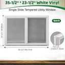 Pushglossy 35-1/2" x 23-1/2" Vinyl Utility Window Single Sliding Window with Low E Double Pane Insulated Tempered Glass Mesh Screen for Basement Bathroom House Kitchen Garage Attic, White