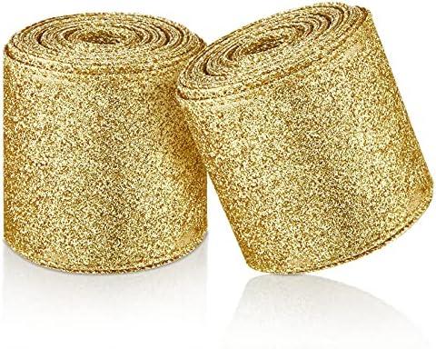 2 Rolls 20 Yards Christmas Ribbon Metallic Glitter Ribbon Wired Edge Decorative Fabric Ribbons for Party Wrapping Home Decorations Wedding Birthday DIY Crafts 2.5 Inch (Gold)