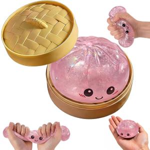 Glitter Dumpling Squishy, New Mystery Glitter Dumpling Squishies Box, Soft Squeeze Dough Ball for Stress Relief, Stretchy Bun with Mini Food Steamer Desk Fidget Toy for Adults Office Home (B-Pink)