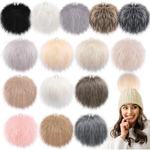 SIQUK 15 Pieces Faux Fur Pom Pom Balls 6 Inch Large Fluffy Faux Fox Pom Pom with Elastic Loop for Knitting Hat Gloves Scarves Crafts Accessories (Soft Color)