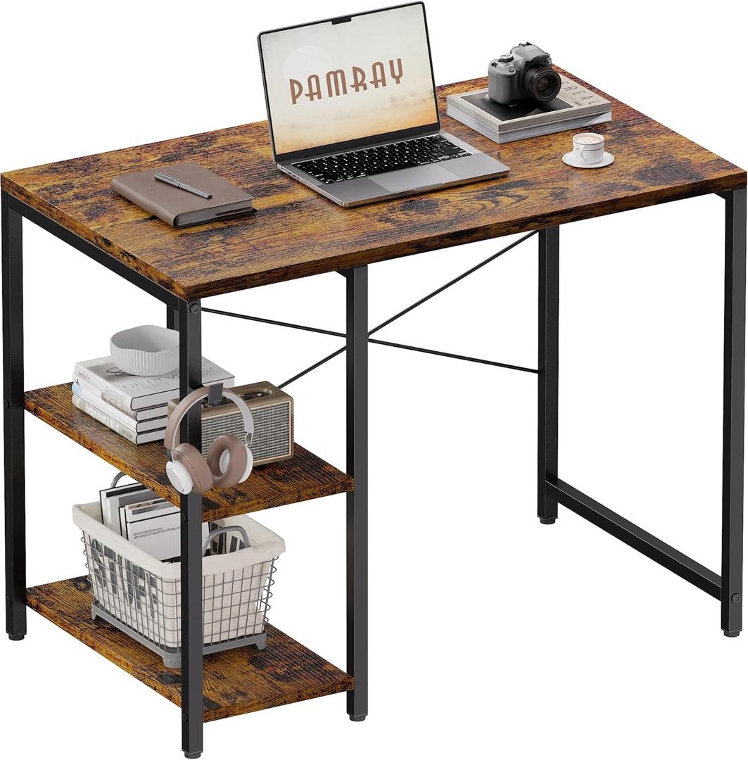 Pamray 32 Inch Small Computer Desk with Shelves, Home Office Desk with Headphone Hook for Bedroom, Study Writing PC Table for Small Spaces, Vintage
