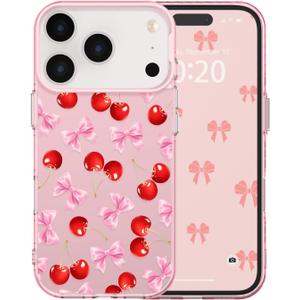 for iPhone 17 Pro Max Case Cute Ribbon Bow Cherry Aesthetic Pattern Case for Women Girls, Girly Trendy Glossy Slim Shockproof Protective Bumper Cover, Cherries Bows/Pink