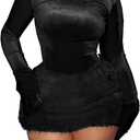 LKOUS Women's Dressy 2 Piece Outfits Long Sleeve Solid Velvet Top and Fuzzy Skirt Rave Skirt Sets (X-Large, Black)