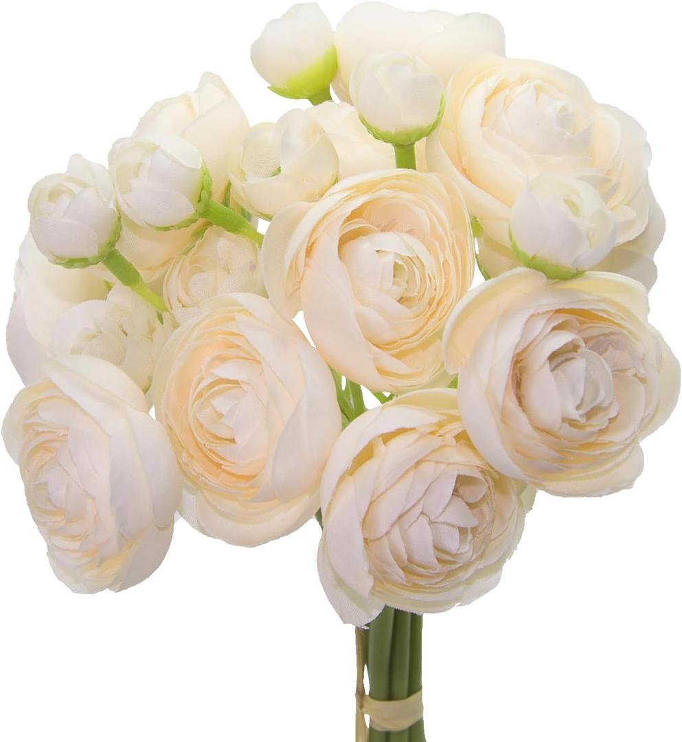 Silk Ranunculus Bouquets for Decor, 6 Pcs Champagne Artificial Flowers Faux Ranunculus, 11 Inch Artificial Ranunculus Flowers for Bridal Shower, Valentine's Day, Birthday, Floral Centerpieces