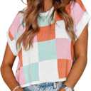 Womens Cute Summer Tops 2026 Short Cap Sleeve Sweater Color Block Trendy Crop Top Knit Vest Checkered Work Shirts Outfits (Medium)