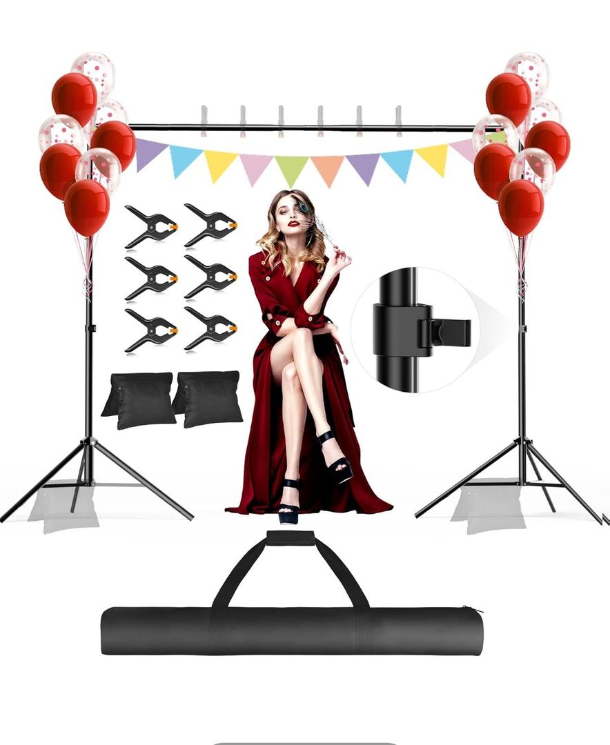 Backdrop Stand, Photo Video Studio 10 x 10FT Adjustable Backdrop Stand, Background Support System Kit with 2 Crossbars, 6 Clamps, 2 Sandbags and Carry Bag for Photography Parties Wedding