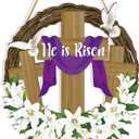 He is Risen Easter Decor, Wooden Religious Easter Wreaths for Front Door, Christian Easter Cross Flowers Sign Door Hanger for Spring Home Porch Wall Farmhouse Party Indoor Outdoor Hanging Decorations