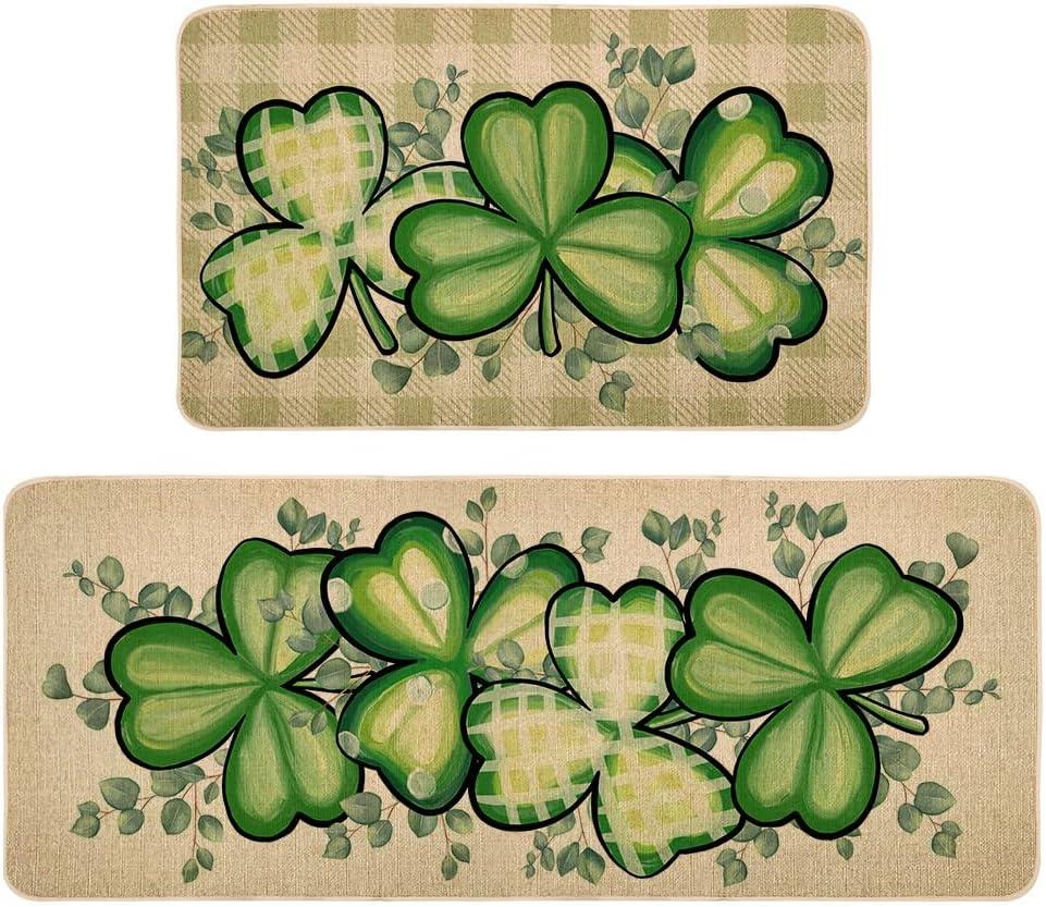 St Patricks Day Kitchen Decor Mats Set of 2, Non-Slip Absorbent Rug and Door Mats, Lucky Green Shamrock Clover Kitchen Floor Mat 17x29 and 17x47 Inch DM128