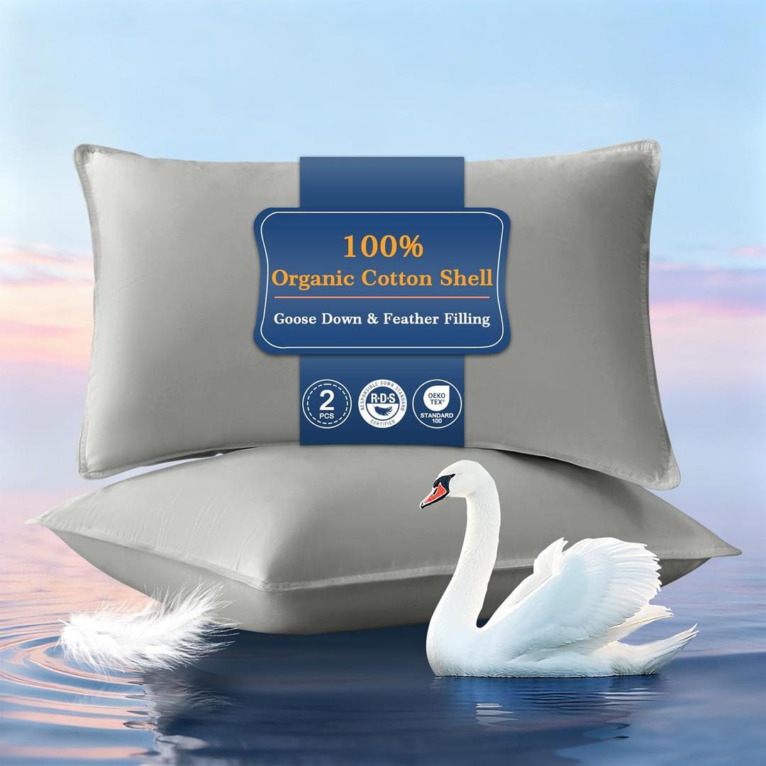 Goose Feather Down Pillows Standard Size Set of 2, Ultra Soft 100% Organic Cotton Fabric 700TC, 900 Fill Power Luxury Hotel Collection Bed Gusseted Pillows 2 Pack for Back, Stomach or Side Sleepers (Grey)