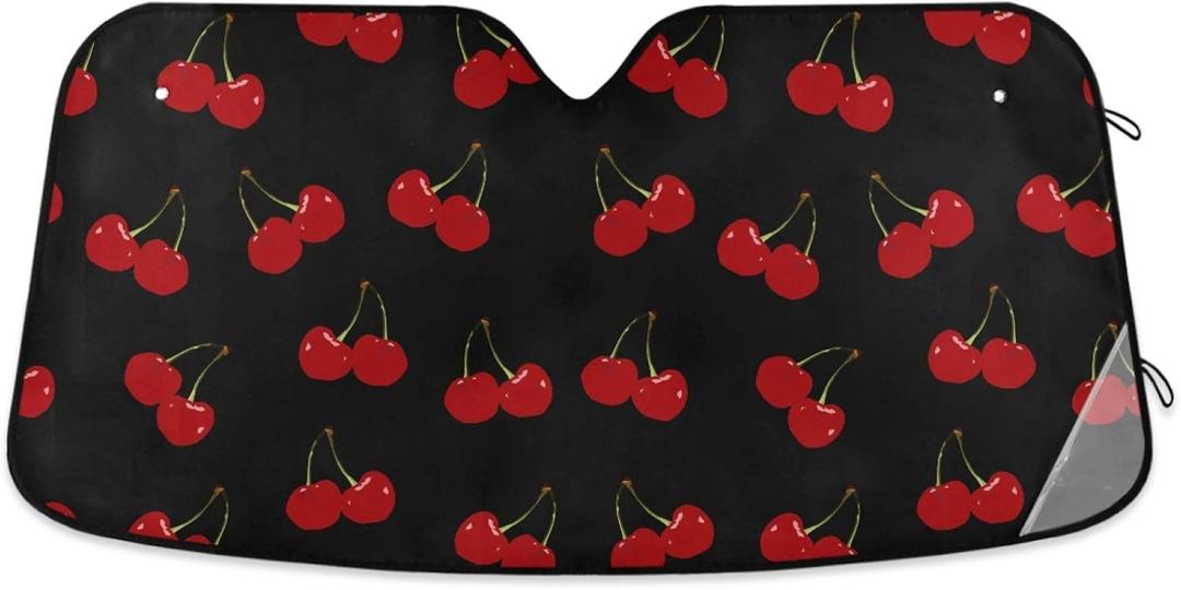 Red Cherry Black Car Windshield Sun Shade Foldable UV Ray Sun Visor Protector Sunshade to Keep Your Vehicle Cool (55" x 27.6") 