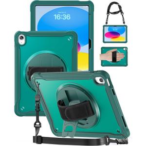 Case for iPad (A16) 11th/10th Generation 11''/10.9'' 2025/2022 Kids with Pencil Holder 360Rotate Handle Strap/Stand (Dark Green)