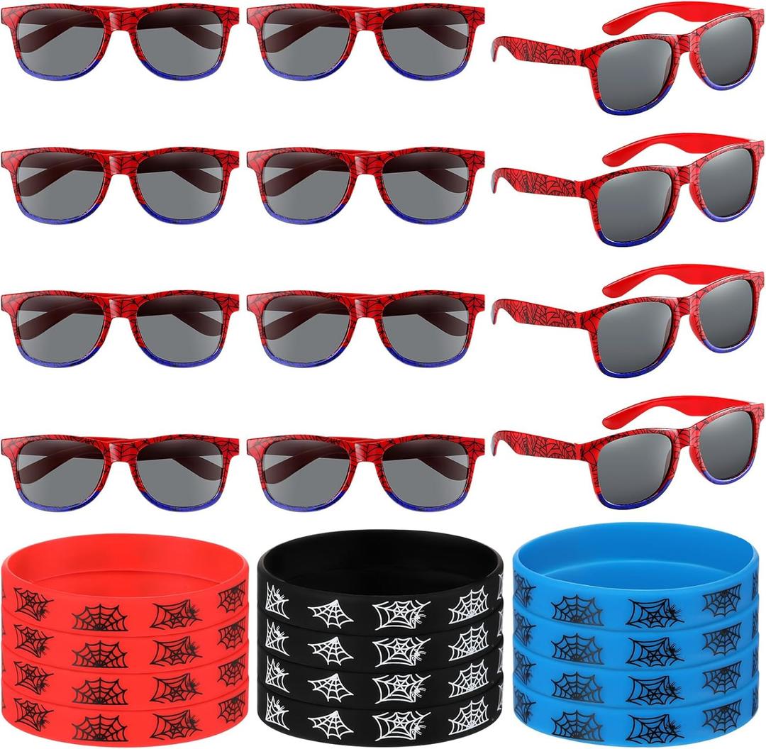 Kingdder 24 Pcs Spider Web Sunglasses and Silicone Wristbands Bracelets Spider Birthday Theme Party Favors Black Red Blue Party Decorations Supplies Gifts (Classic)