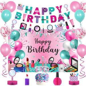 Roetyce Makeup Birthday Party Decorations - 46PCS Kit, Pink Spa Themed Birthday Supplies With Banner, Balloons, Cake Topper