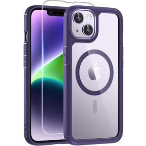 TAURI 2-in-1 Magnetic for iPhone 14 Case, [Designed with Magsafe] with Screen Protector, Shockproof Case for iPhone 14, Purple