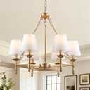 25.2" Gold Chandelier for Dining Room, 6-Light Antique Modern Chandelier Light Fixture with White Fabric Shade, Farmhouse Chandeliers Ceiling Light Fixture for Kitchen Bedroom Entryway Foyer