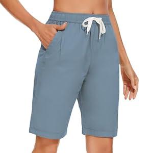 Msmsse Women's Bermuda Knee Length Shorts Cotton Casual Cargo Long Shorts for Athletic Walking Workout Light Blue 8-10