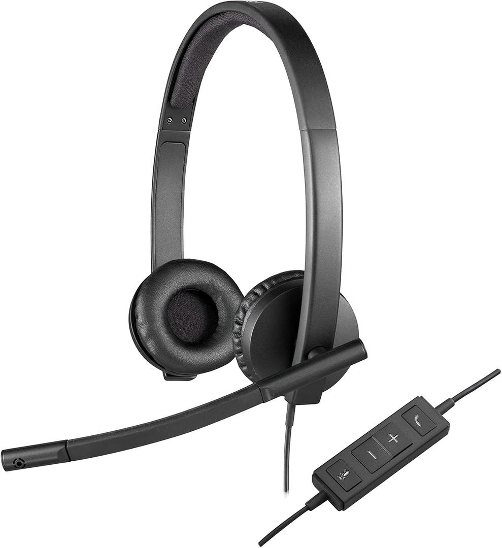 Logitech H570e Wired Headset, Stereo Headphones with Noise-Cancelling Microphone, USB, In-Line Controls with Mute Button, Indicator LED, PC/ Mac/ Laptop - Black