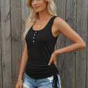 AUTOMET Tank Tops for Women Summer Sleeveless Loose Fit U Neck T Shirts Button Drawstring Basic Tee (Black, M)