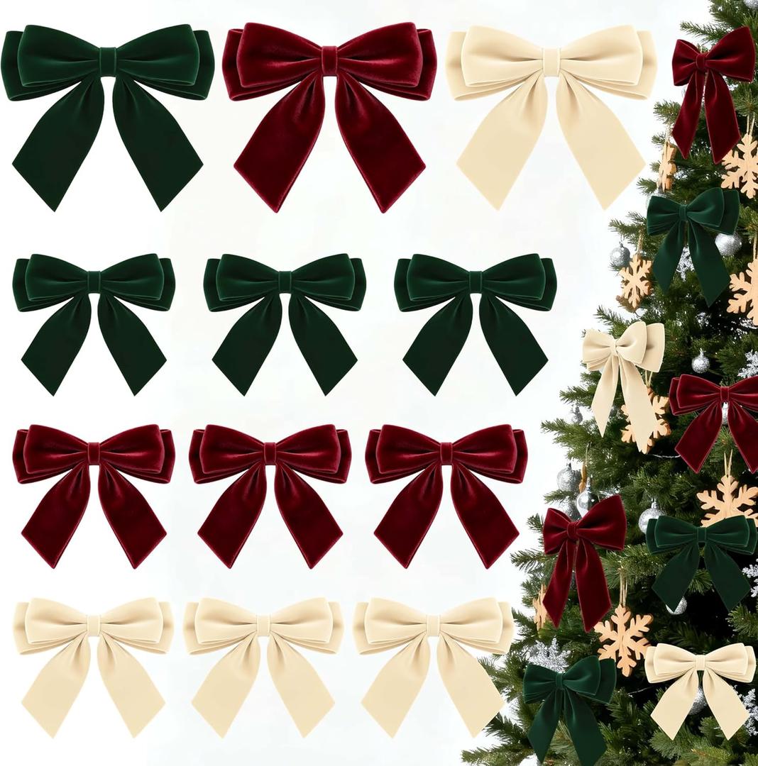 12Pcs Velvet Bows for Christmas Tree, Red Green Beige Bows Christmas Decorations with Twist Tie, Bulk Vintage Velvet Ornaments for Wreath Garland Gift Wrapping Wedding Champagne Parties 6x6in