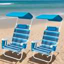 Beach Chair 2 Pack, 5 Positions Textilene Folding Reclining Beach Chair with Backpack Straps, Cooler Bag & Cup Holder for Outdoor Lawn Camping (Blue Stripe With Canopy)