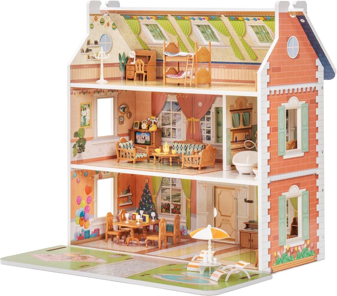 ROBUD Wooden Dollhouse for Kids Girls, Pretend Play Toy Gift for 3 4 5 6 Years Old Girls Boys, One Size