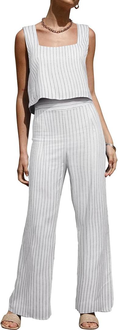 ROYLAMP Women's Summer 2 Piece Outfits Sleeveless Square Neck Tops Wide Leg Pants set Jumpsuit with Pockets (White, XL)