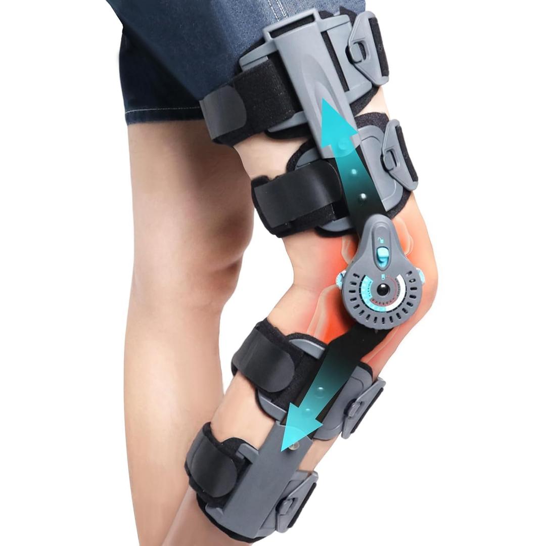 Hinged ROM Knee Brace Post Op Locking Adjustable Support Quick Buckle | ACL PCL MCL Meniscus Support Knee Brace With Shoulder Strap And Side Stabilizers Design For Daily Knee Use Left Right (Black)