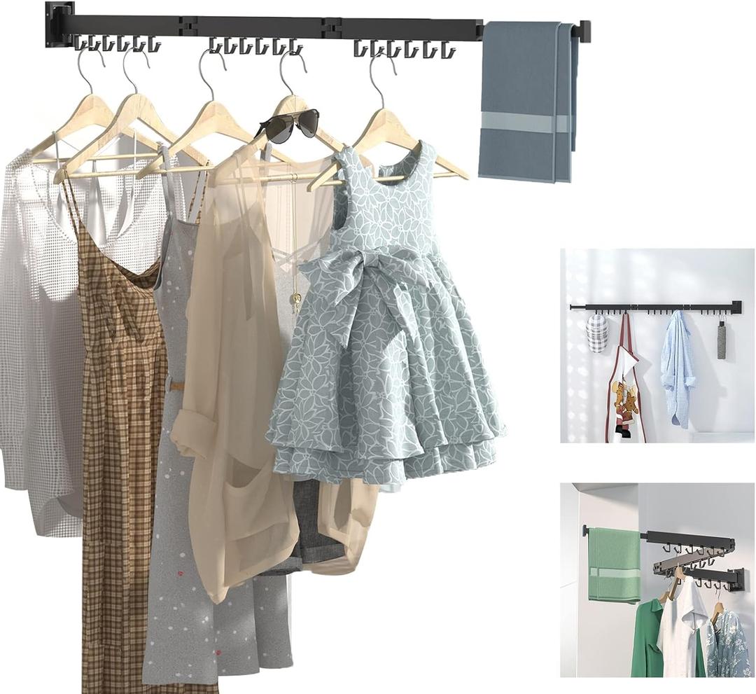 ptlsy Wall Mounted Portable Folding Clothes Drying Rack with Hooks,Space Saver Clothes Hangers Design Universal for Balcony, Mudroom, Bedroom, Kitchen, Foldable Laundry Rack (3-Pole Black)