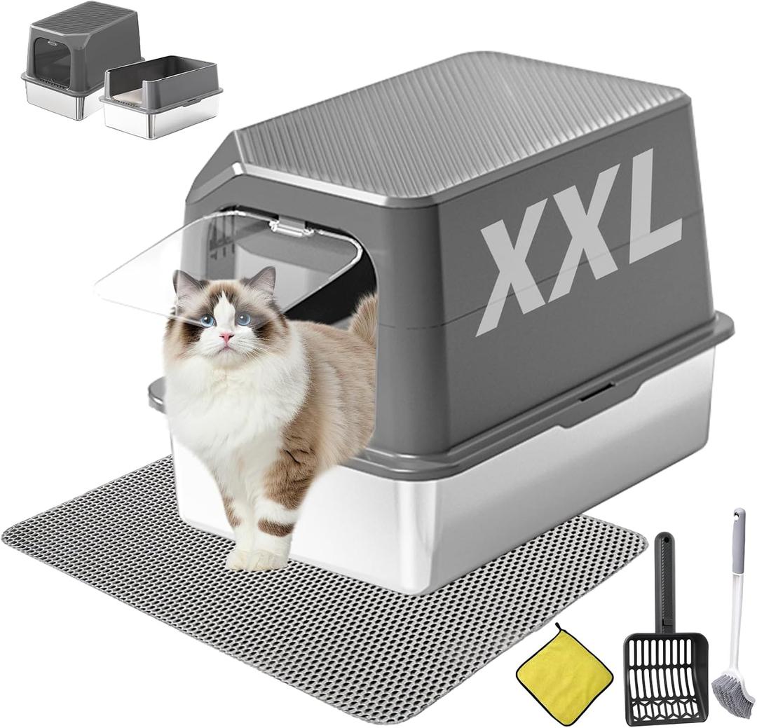 Extra Large Stainless Steel Cat Litter Box Enclosed with Lid - 23.6" x 15.7" x 16.5" Metal Cat Litter Box XXL, Front Entry High Side Kitty Litterbox with Scoop & Mat, Anti Leakage, No Sticky