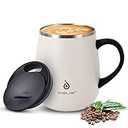 Ideus 16 oz Insulated Coffee Mug with Handle and Lid, Double Wall Stainless Steel Vacuum Thermal Coffee Mug, Travel Coffee Cup Thermal Cup for Home and Office, Beige