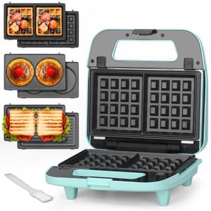 Bakers Friend 3 in 1 Mini Waffle Maker with Removable Plates, Mini Pancake Maker, Grilled Cheese Maker, Breakfast Sandwich Maker Press, Mini Indoor Grill, Belgian Waffle Maker, Aqua