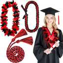 2025 Graduation Leis Set Include Hawaiian Flower Lei Garland Handmade Ribbon Necklace Braided Honor Cords with Tassels for Class of 2025 Graduation Party Favor Supplies(Red and Black)
