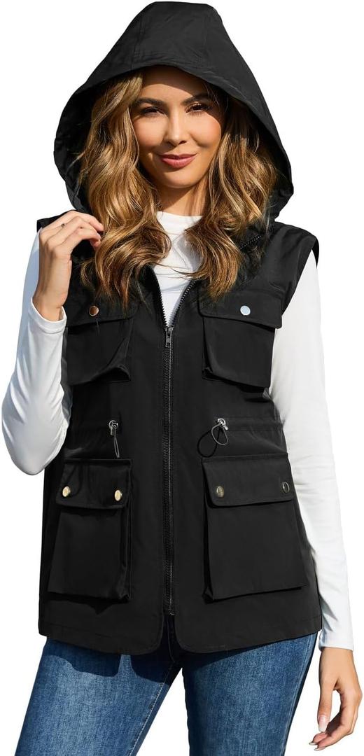 PESION Womens Packable Military Utility Vests Outerwear Waterproof Windbreaker Jacket Cargo Vest with Removable Hood (Black, XL)