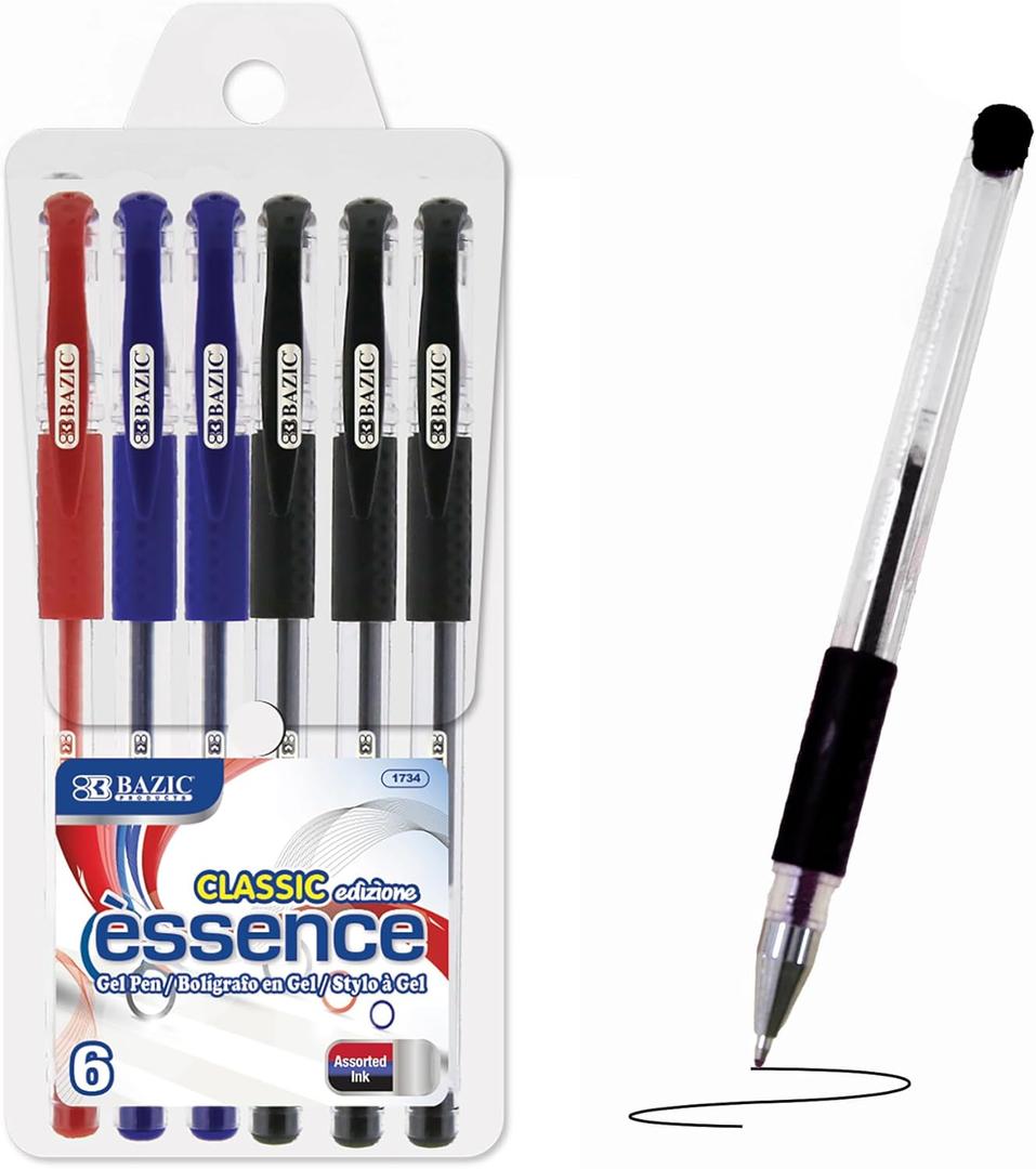 2 x BAZIC Essence Asst Color Gel-Pen with Cushion Grip (6 Per Pack) (1734-12P)