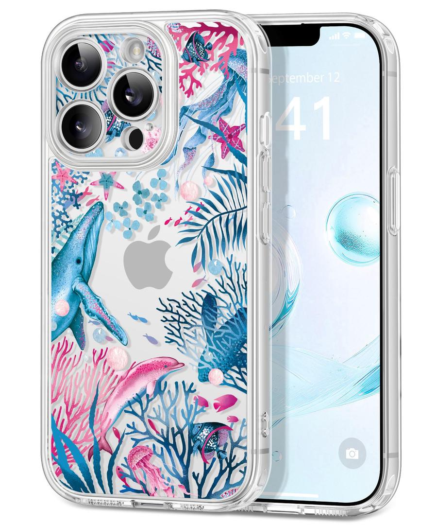 Dibrell for iPhone 16 Pro Case, [Full Camera Protection] [Not Yellowing] [Military-Grade Drop Protection] Cute Clear Slim Shockproof Protective Phone Cover for Women Girls 6.3", Undersea Song/Blue