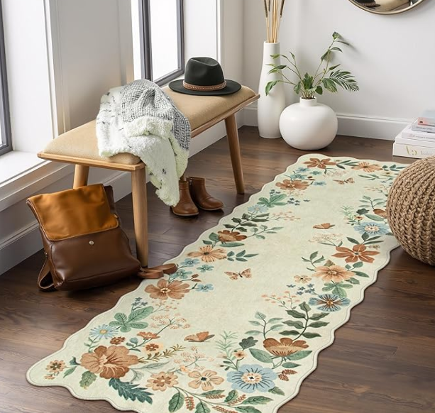 Lahome Floral Washable Runners for Hallways, 2x5 Kitchen Runner Ultra-Thin, Non-Slip Soft Hallway Rug Stain Resistant Boho Low-Pile Carpet for Laundry Bathroom Bedroom(2x5ft, Beige)