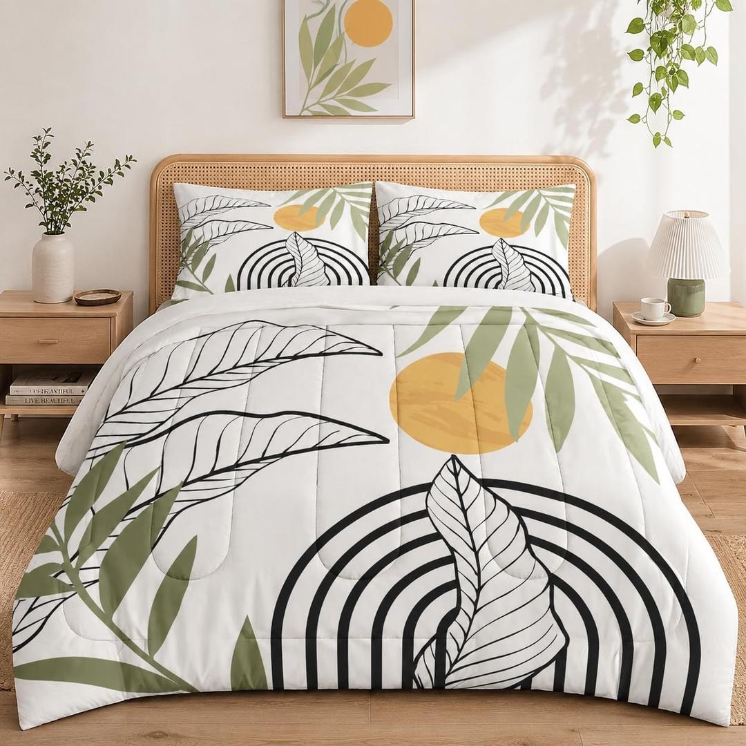 WeCozy Twin Size Comforter Set with Pillowcase, Mid Century Leaf 2 Pcs Bedding for Kids and Adults, Summer Green Geometric Soft Comforter Set for Bedroom Bed Decor