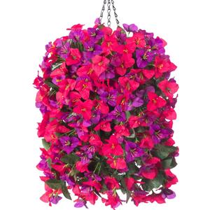Artificial Bougainvillea Faux Flowers Plants Baskets for Outdoor Outside Decoration, 3PCS Fake Silk Flowers Long Trailing Vines UV Resistant Realistic for Front Door Porch Patio Balcony, Purple Hot pink
