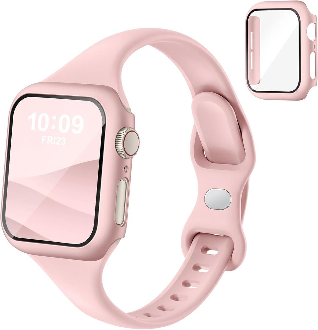 Thin Slim Band and Case Compatible for Apple Watch Bands Women Men 40mm 44mm 42mm 46mm 41mm 45mm, Silicone Sport Strap Cover and Screen Protector for iWatch Series 11/10/9/8/7/6/5/4/SE 3 (Pink)