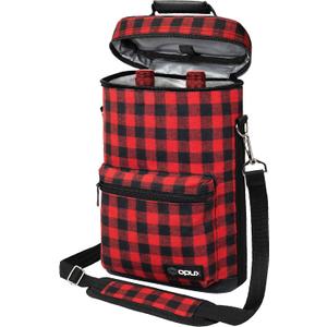 Opux 2 Bottle Wine Tote Carrier, Insulated Cooler Bag for Travel Picnic, Leakproof Padded Case, Wine Gifts for Women & Men, Plaid Buffalo Red